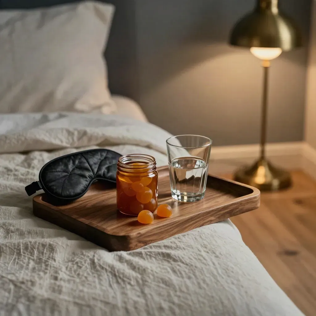 Open sleep gummy jar on bedside tray with mask, glass, and warm lamp glow in a cozy bedroom.