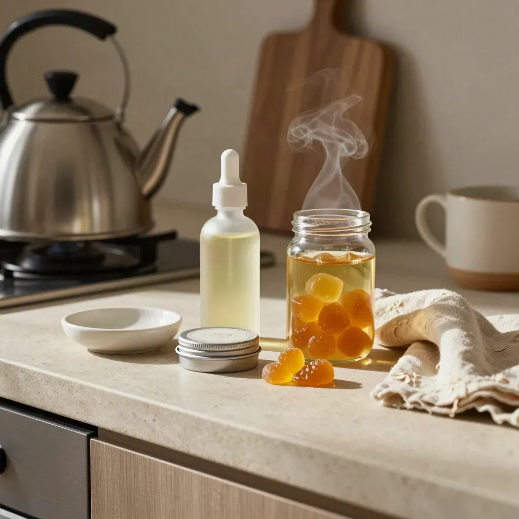 CBD oil, gummies, and balm on a kitchen counter with morning steam