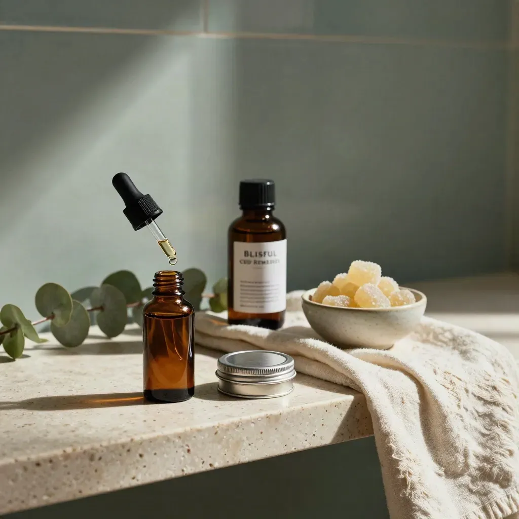 CBD tincture, balm, gummies and capsules on a travertine shelf in moody dawn light.