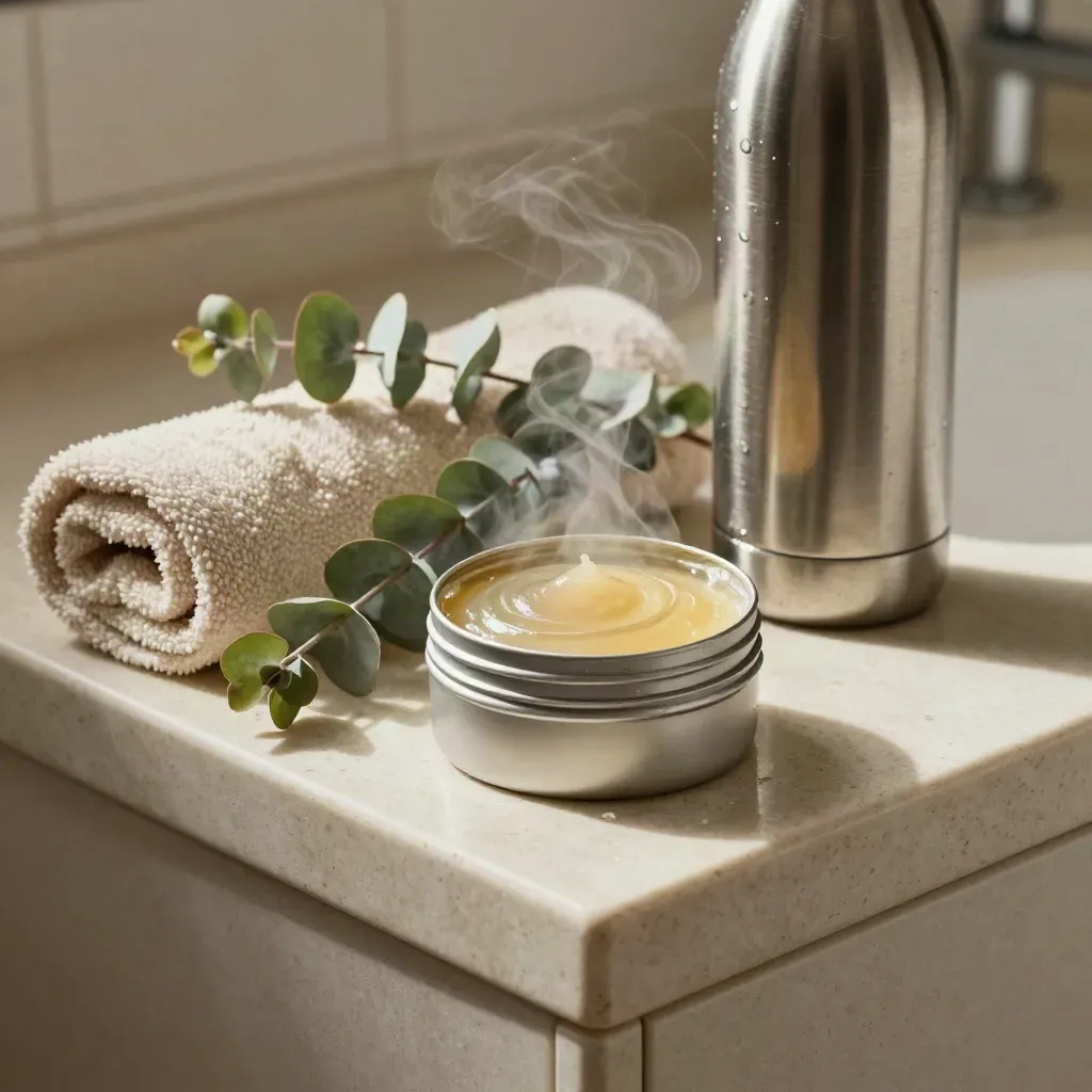 Open balm tin with towel, eucalyptus, and metal bottle on a steamy bathroom bench.