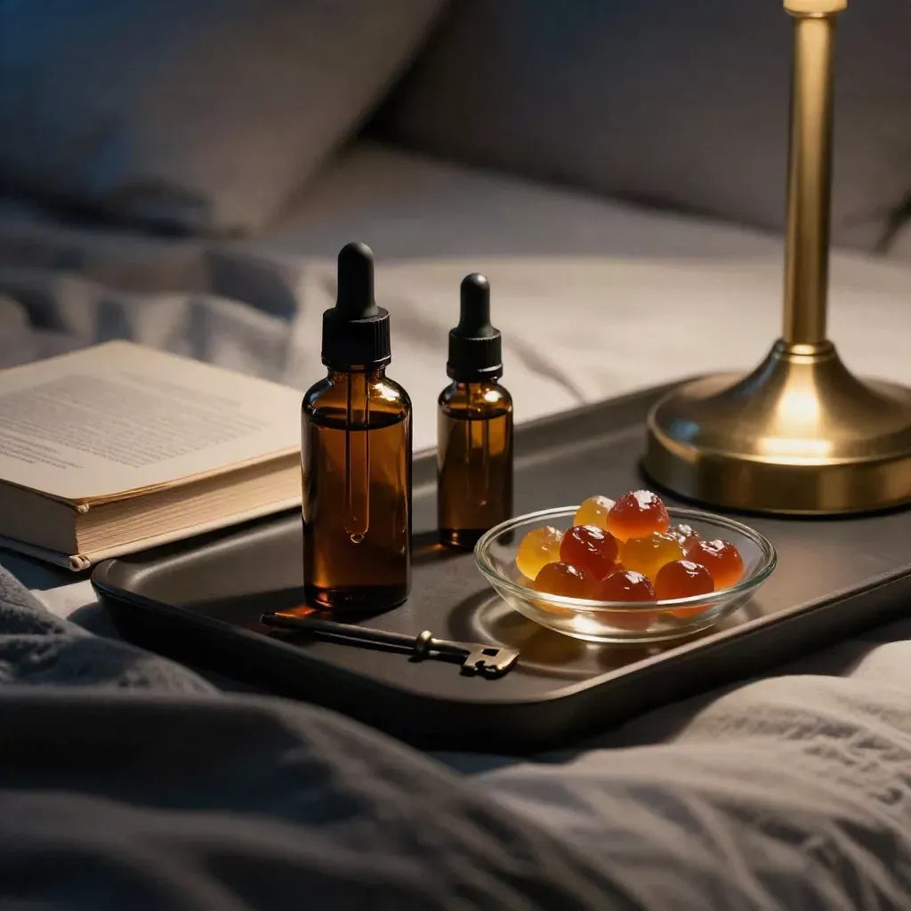 CBD tincture, capsule bottle, and gummies on a dark bedside tray beside a closed book and lamp base.