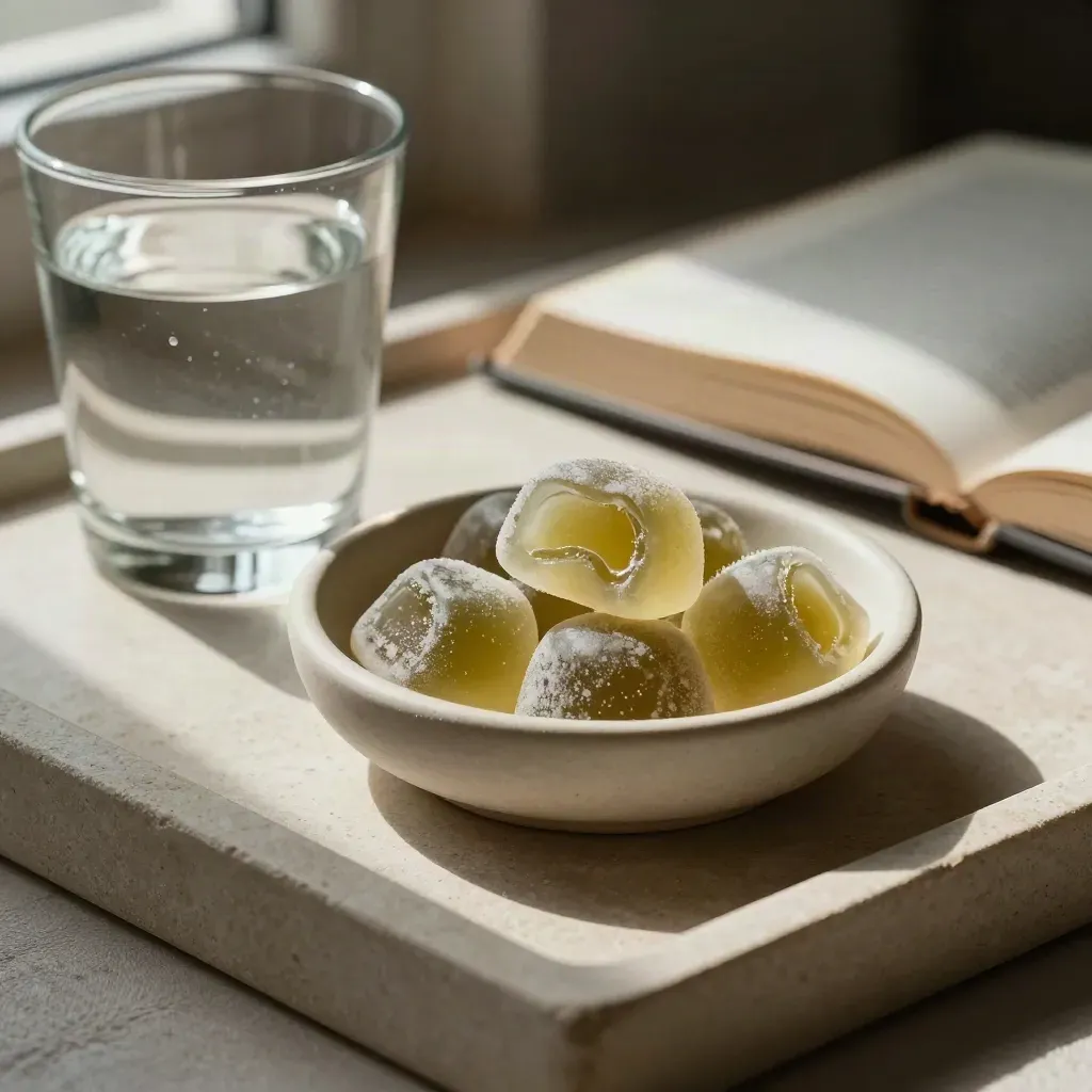 Split sleep gummy in a bowl beside water and a bedside book, lit by cool window light.