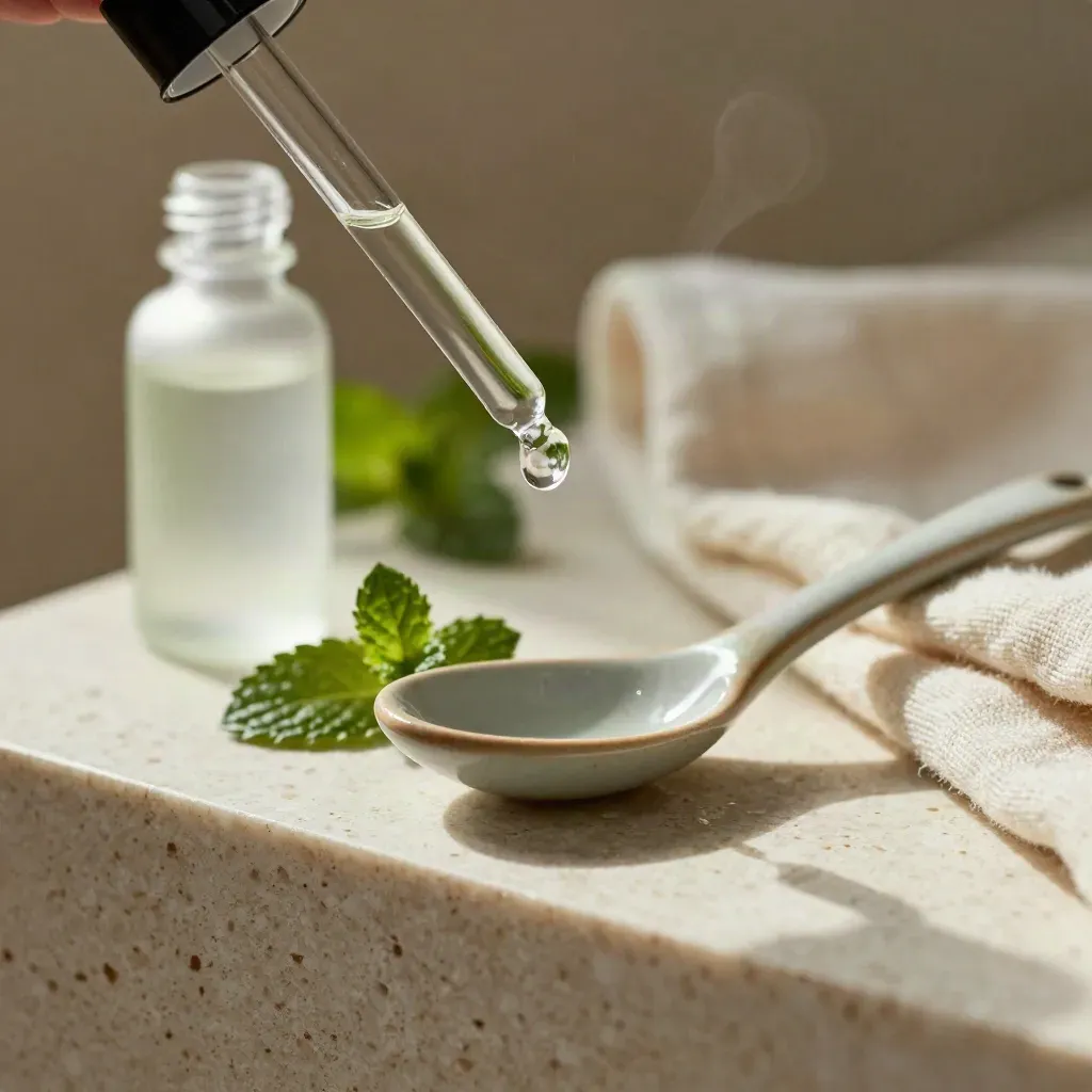 Mint tincture dropper poised over a ceramic spoon with mint leaf on travertine in soft window light.