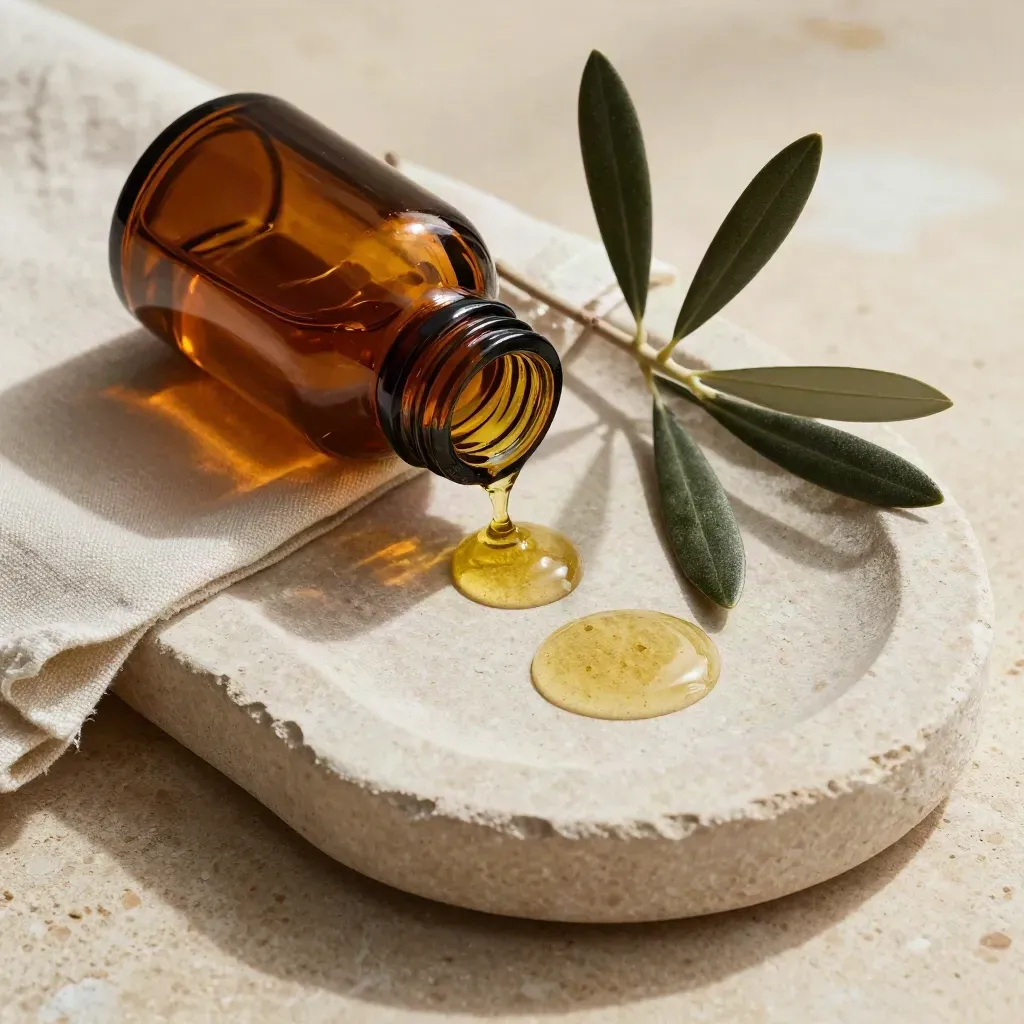 Top-down oil bottle beside stone dish, amber drops, cream linen, and an olive sprig in soft light.
