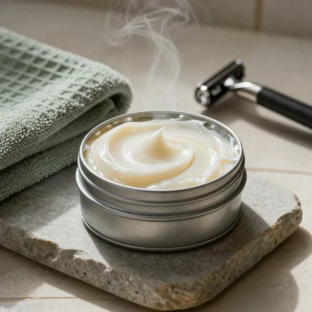 Open balm tin on a stone tray with steam and a folded towel in a bathroom scene.
