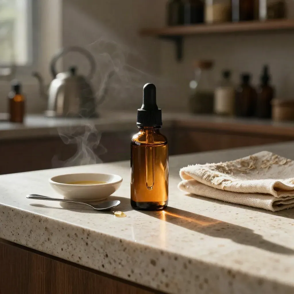 Low side view of CBD oil bottle, spoon, ceramic dish and folded linen on a travertine counter.