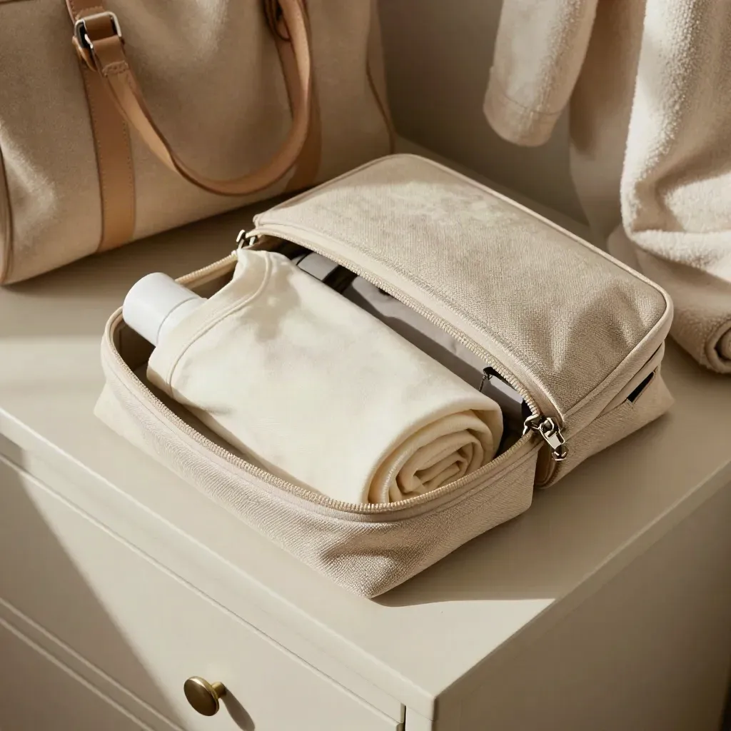 Open canvas dopp kit with CBD capsules, rolled tee, and travel pouch on a hotel dresser.