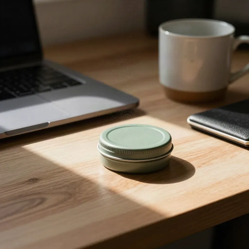 Open balm tin beside a closed laptop, mug, and wrist rest in warm afternoon desk light.