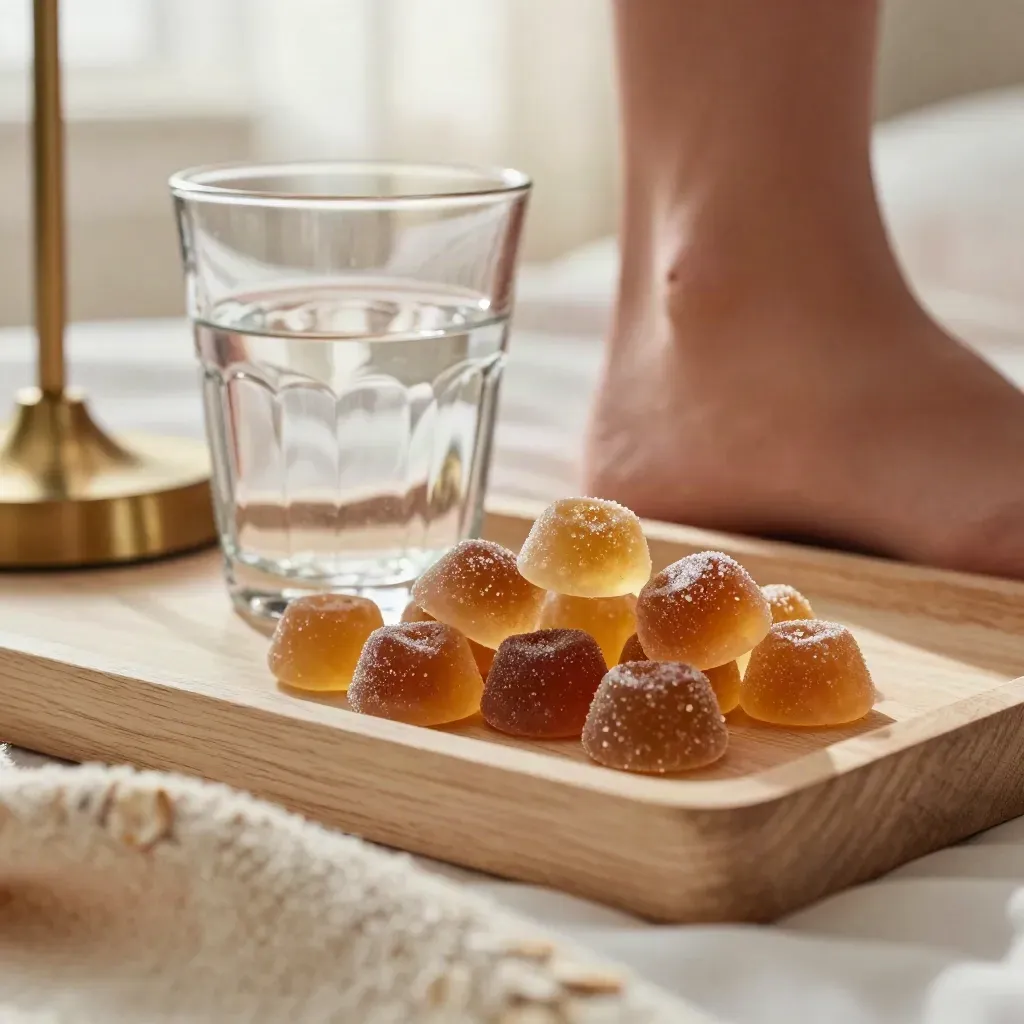 Amber gummies on a bedside tray beside water glass and lamp base, softly lit at night.
