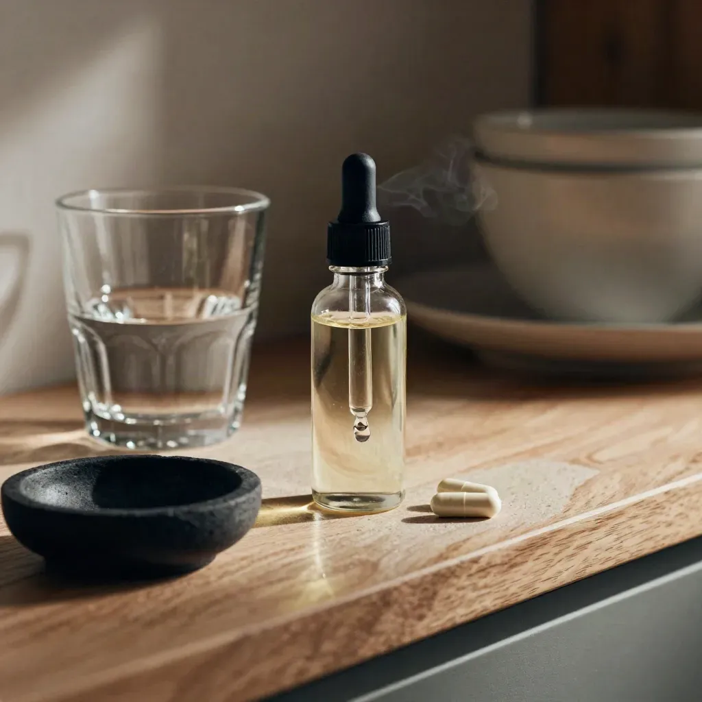 CBD oil bottle with dropper, water glass, and capsules on a warm pantry shelf.