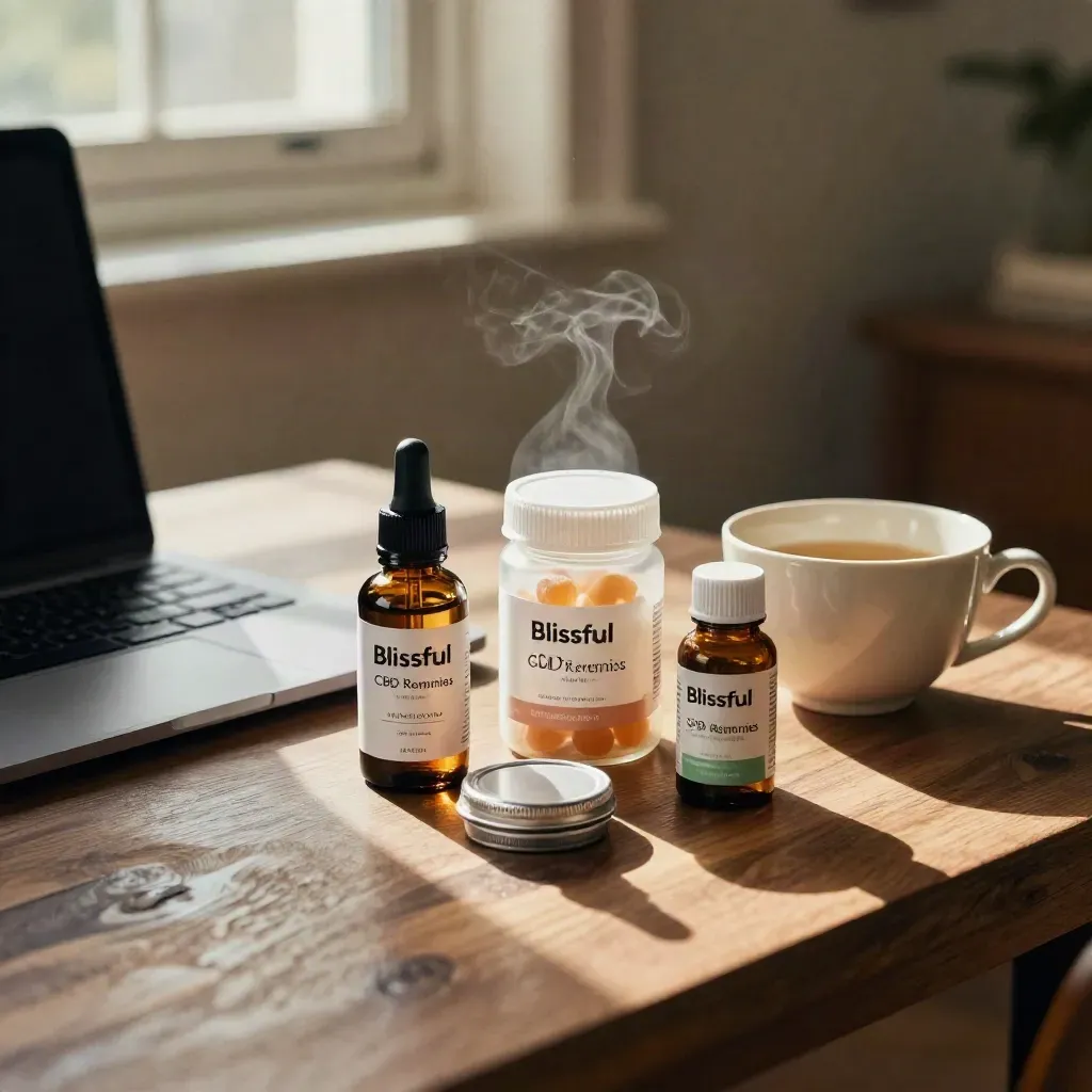 CBD relief products with tea and laptop on a walnut table in warm late-afternoon light