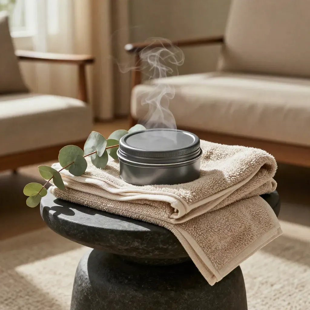 Salve tin with steam, wool cloth, and eucalyptus on a charcoal side table