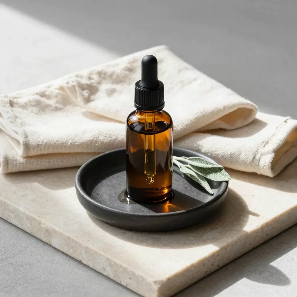 Overhead flatlay of amber CBD oil bottle with dropper, dish, cloth, and hemp sprig on pale stone.