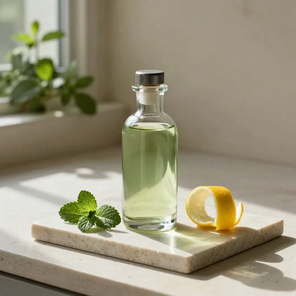 Mint tincture bottle with citrus peel, mint leaf, and a glass on a stone tray in morning light.