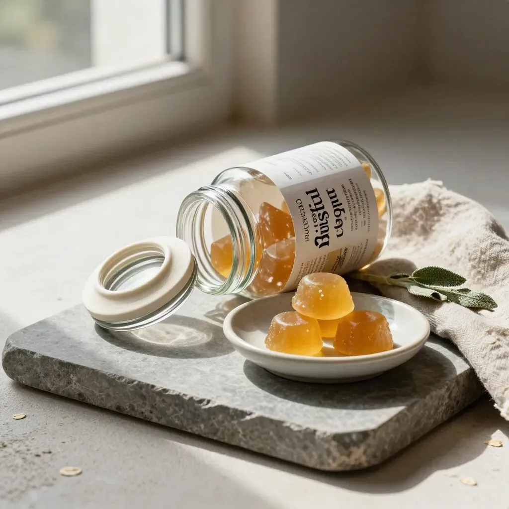 Half-open glass jar of night gummies on a stone tray with saucer and linen.
