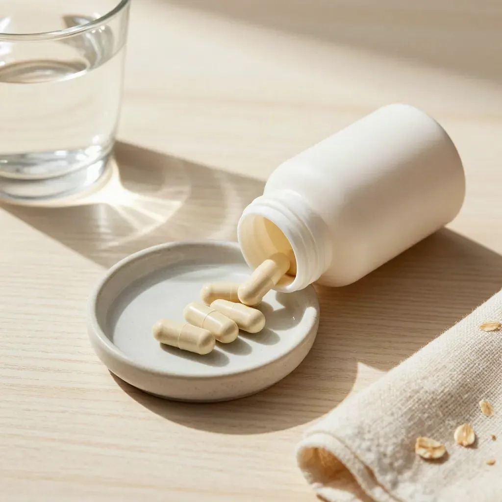 CBD capsule bottle with capsules in a dish, water glass, and folded cloth on pale wood.