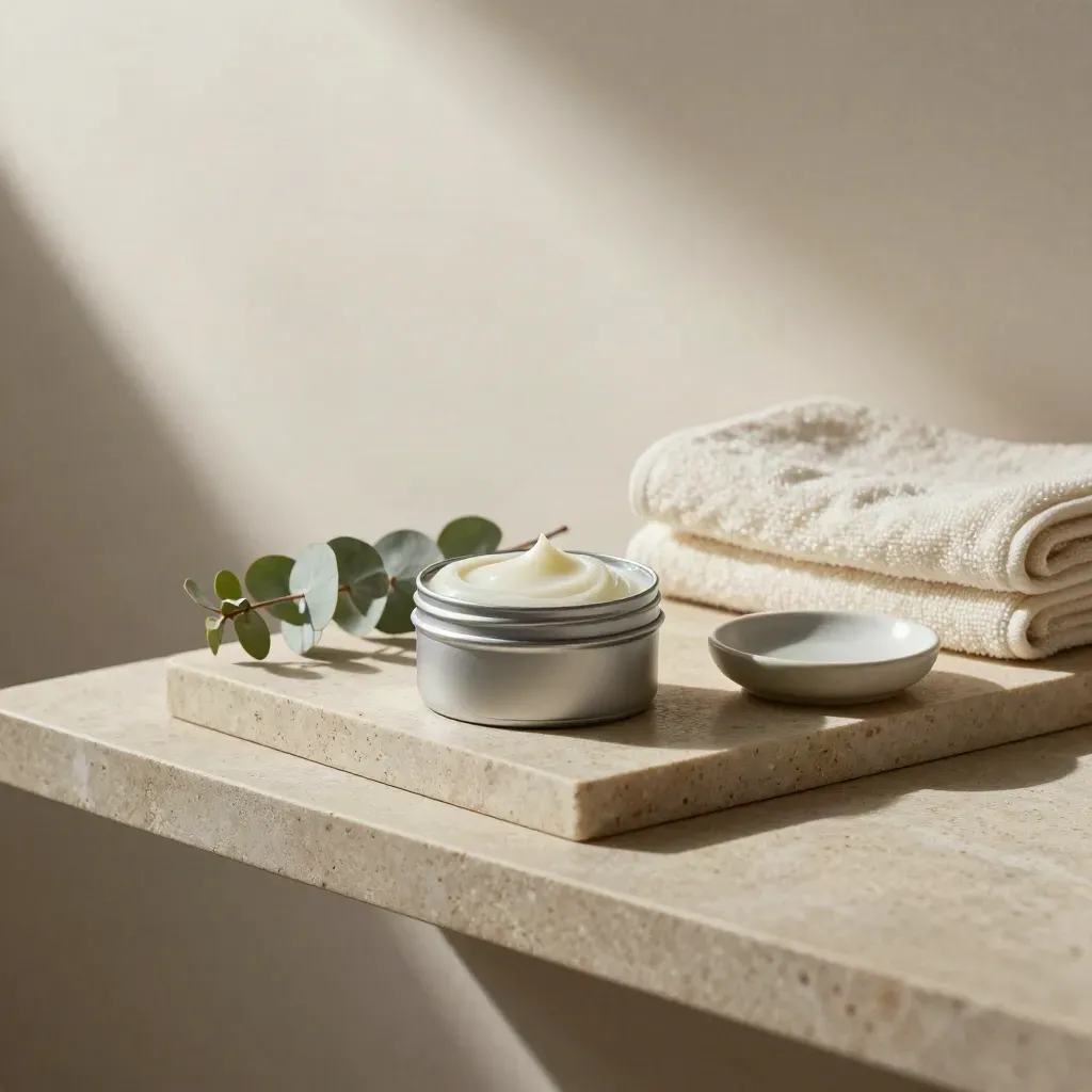 Open balm tin on a stone tray with eucalyptus, towel, and ceramic dish in soft side light.